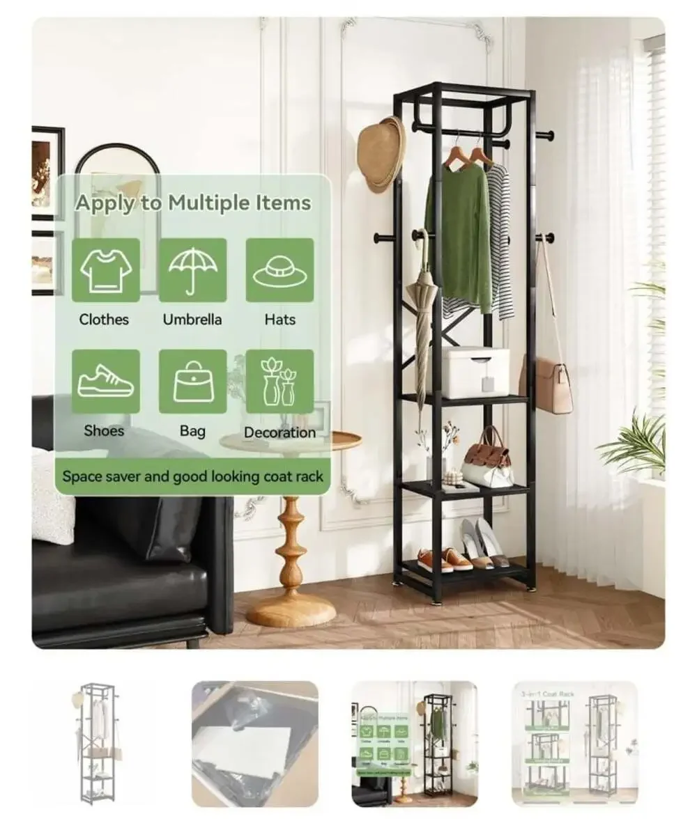 Freestanding Hall Tree with 3 Shelves and 8 Hooks